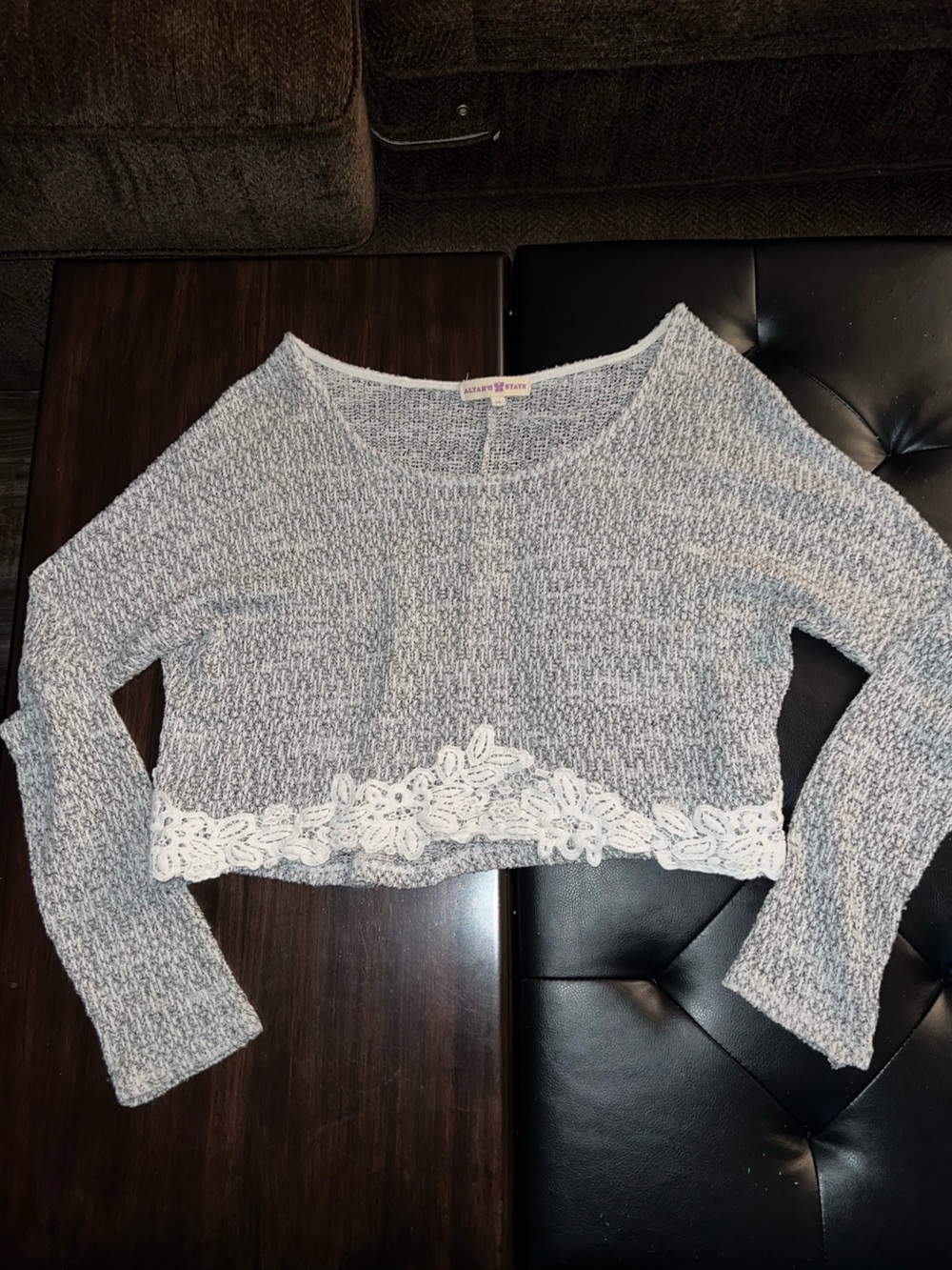Heather Gray Lightweight Knit Sweater with White Lace Trim